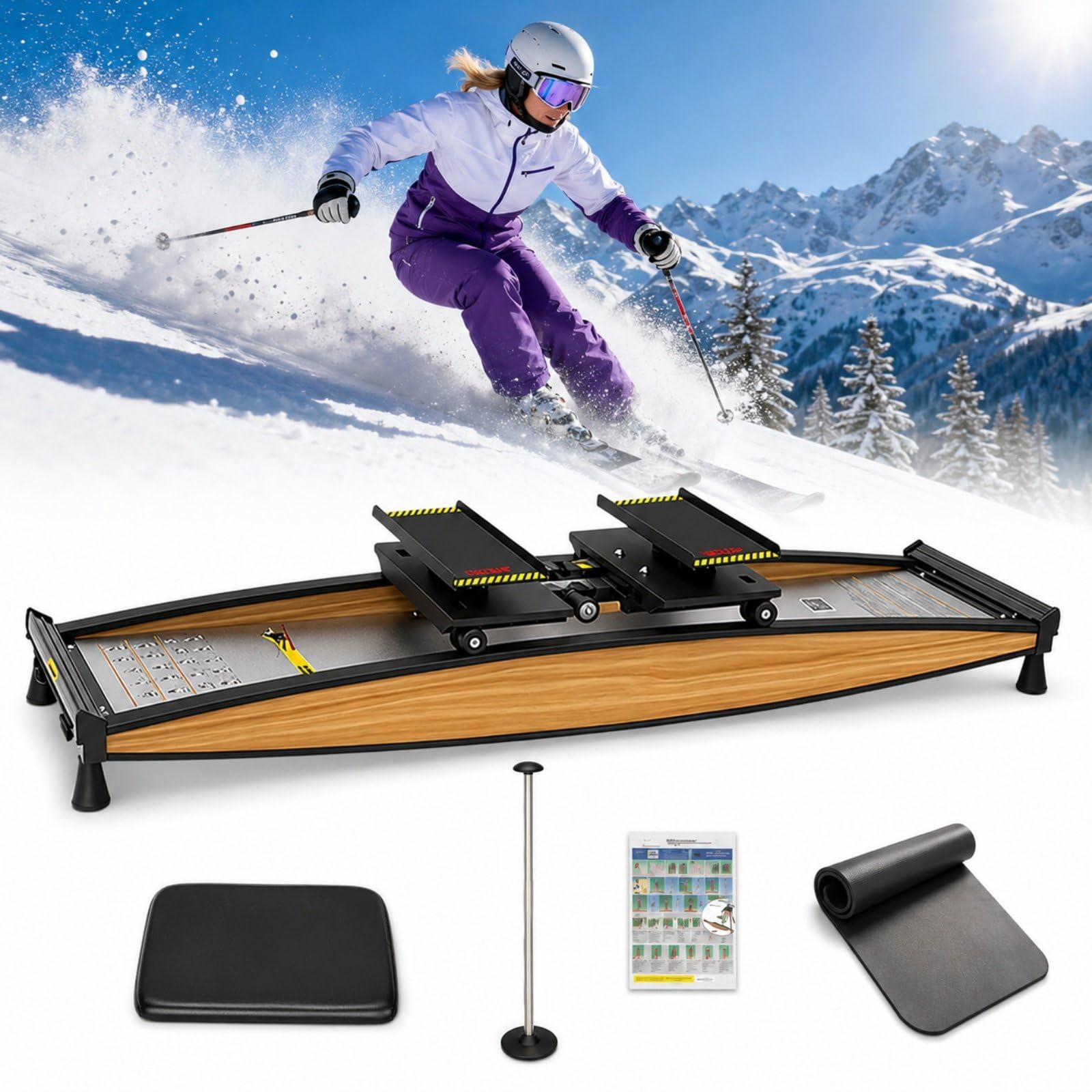 Simulatore di Sci Indoor, Macchina Sci Fitness con Resistenza 0-100 kg | Portata Max. 150 kg, 4 Livelli, Rulli in Gomma, Seduta Removibile, Tappetino per Fitness a Casa