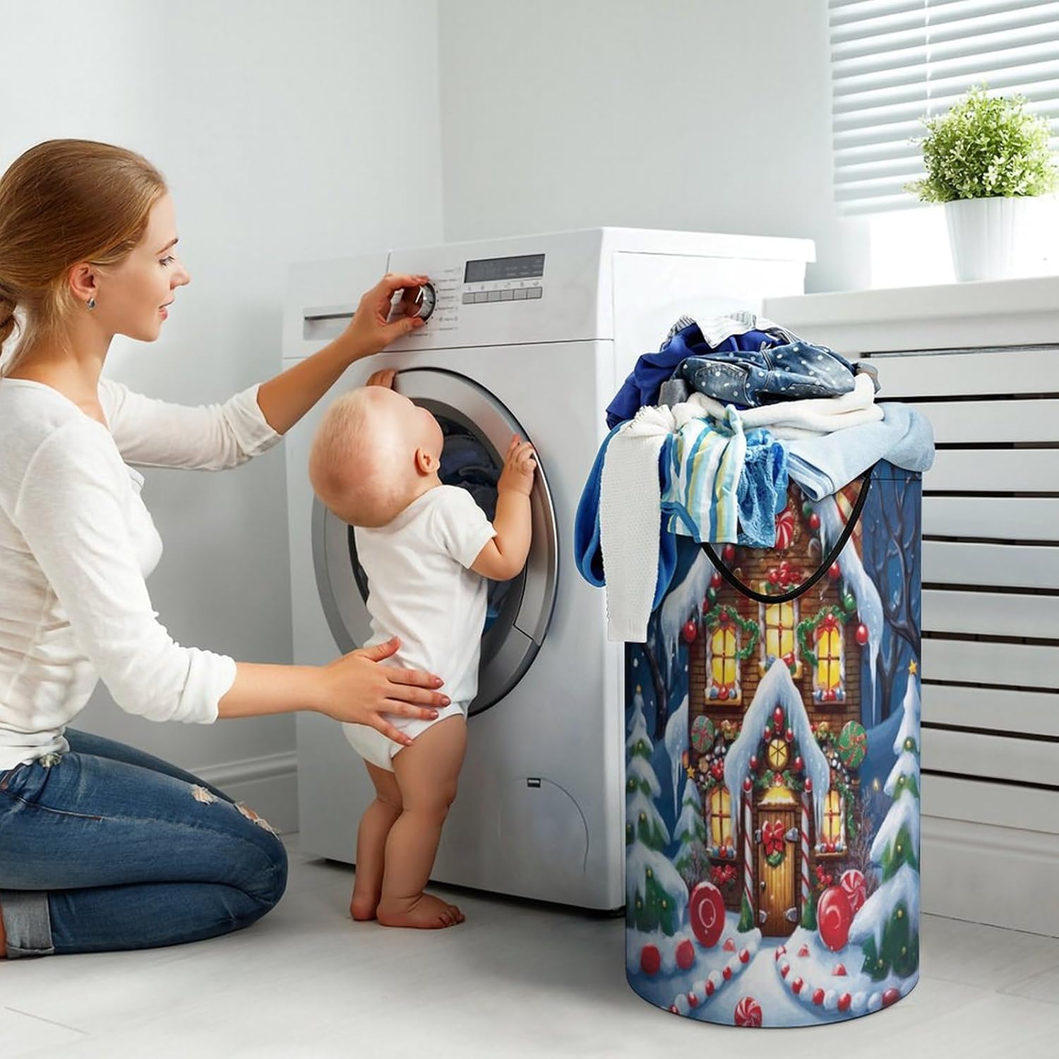 Christmas House Sugar Large Laundry Basket Laundry Hamper Bag Washing Bin Clothes Bag Collapsible Tall With Handles Travel Bathroom College