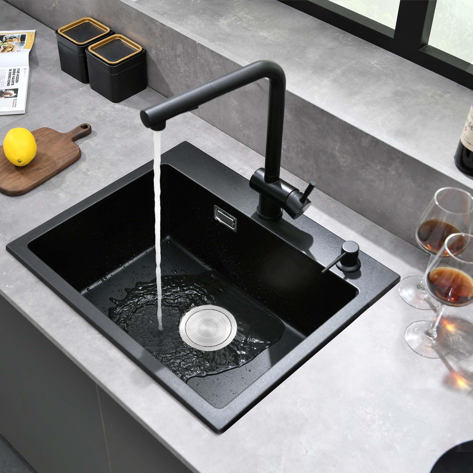 Fregadero de granito negro 50x45cm, fregadero negro, fregadero de cocina rectangular, moderna instalación empotrada de granito, lavabo de cocina, fregadero de cocina pequeño, lavabo individual con 2