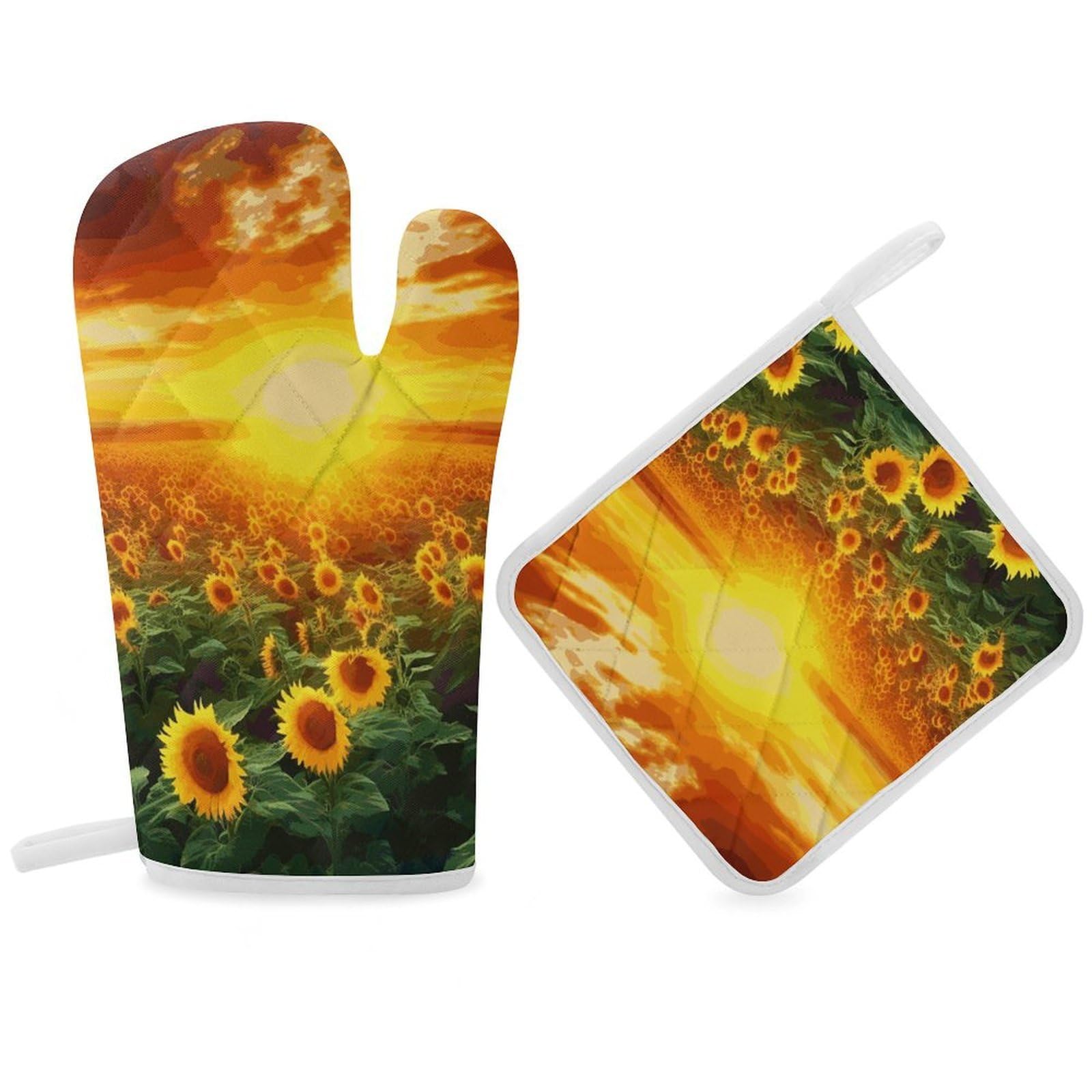 Dreamlike Sunset of A Sunflower Field Oven Mitt Thick Substantial Heat Insulation Gloves Soft Skin-Friendly Temperature Resistant Oven Mitts for Cooking Lover Cooks