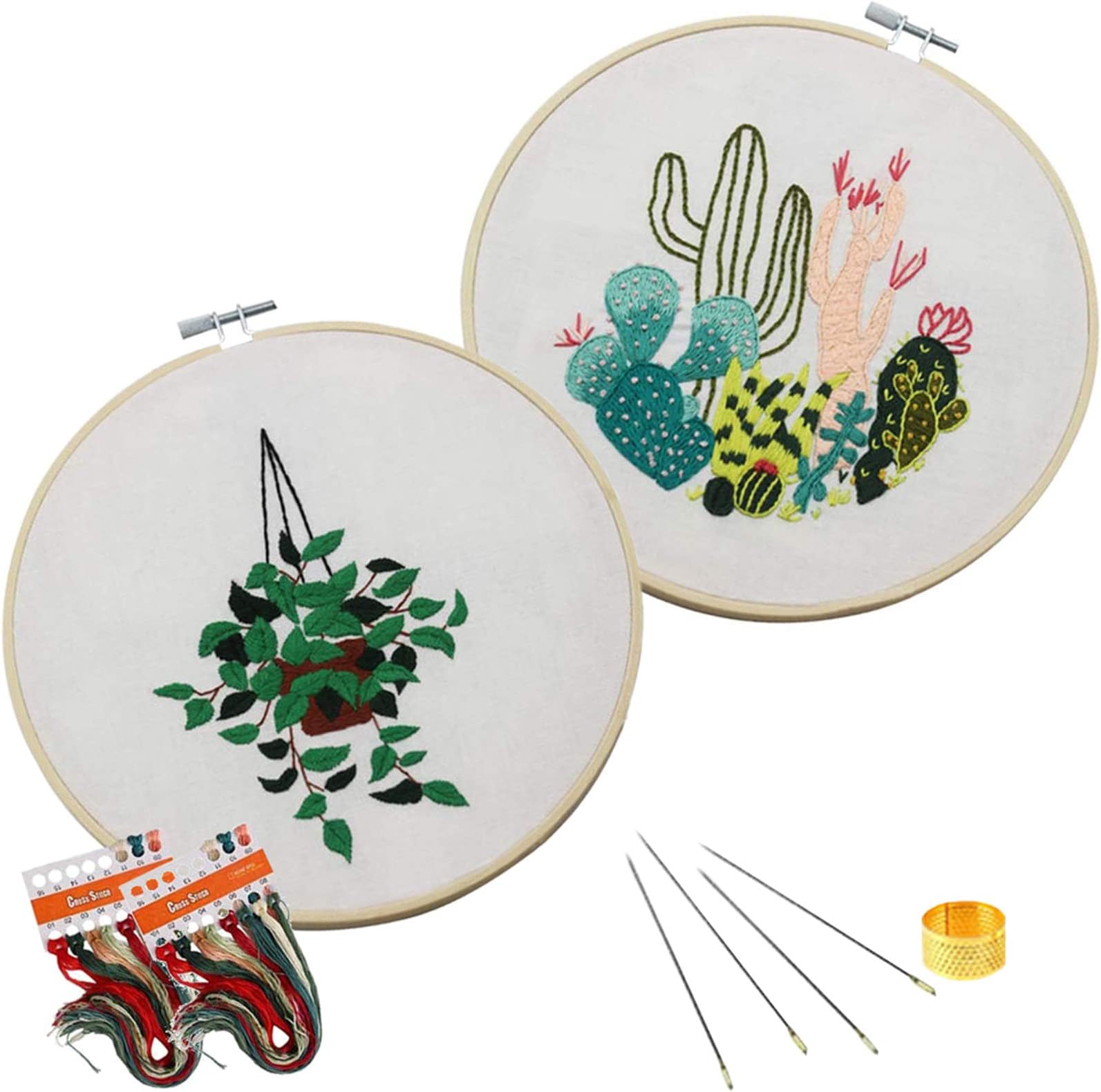 DIY Embroidery Starter Kit w/t Pattern Full Range of Stamped Embroidery Kits w/t Instructions, Embroidery Floral Pattern, Bamboo Hoop, Color Threads & Tools (2 Pack, Model 2#)