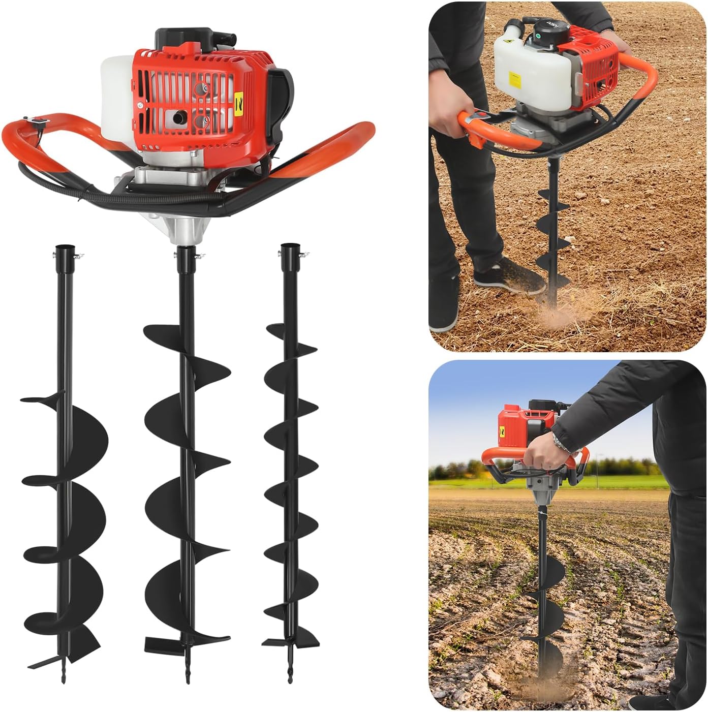 2.3HP Post Hole Digger Gas Auger Post Hole Digger with 3 Drill Bits and 30cm Extension Rod, Augers & Posthole Digger Auger Digging Machine Set for Farm Garden Plant Digging