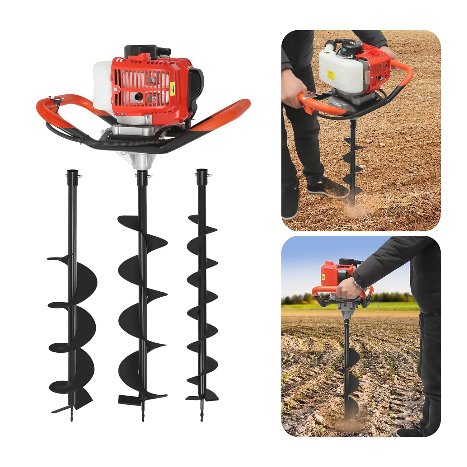 2.3HP Gas Post Hole Digger, 52CC Earth Auger with 3 Auger Bits & 12" Extension, for Fence Posts, Tree Planting & Gardening- Orange