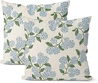 DAFENA 18x18 Inch Blue Green Hydrangea Linen Pillow Covers 2 Pack - Vintage Floral Spring Summer Throw Pillows for Couch Sofa Outdoor Decor