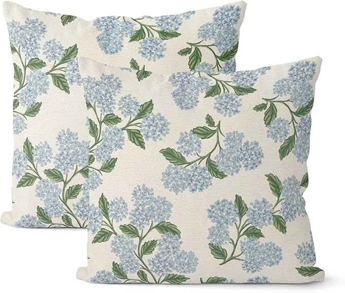 DAFENA Spring Pillow Covers 22x22 Inch 2 Pcs Blue Sage Green Hydrangea Flower Decor Throw Pillows Vintage Floral Seasonal Summer Outdoor Decoration Pillowcase Linen Cushion Cover for Couch Sofa