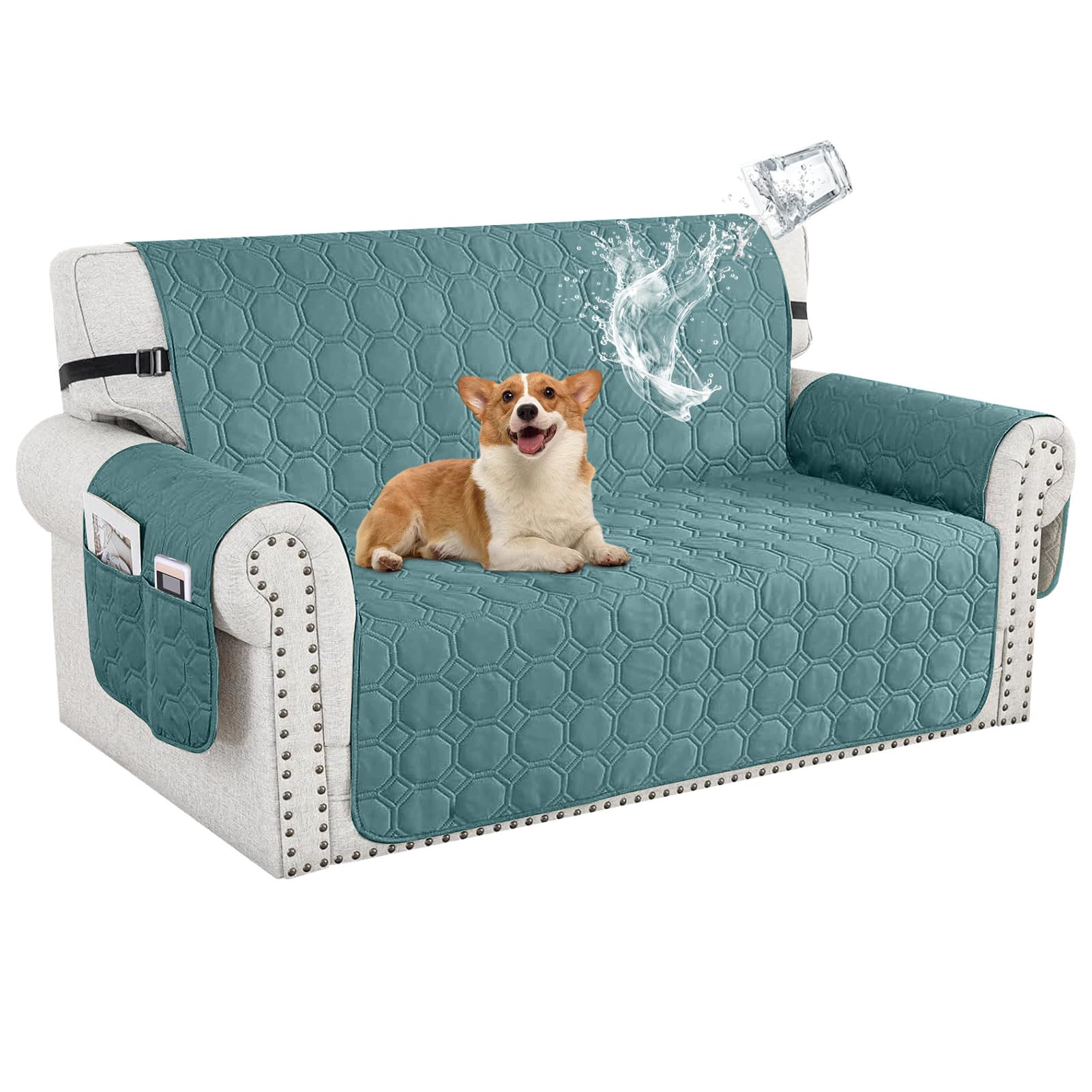 100% Waterproof Sofa Covers for Pets, Non Slip Sofa Slipcovers Couch Cover for Living Room Washable Pet Couch Cover with Elastic Straps Furniture Protector (Light Blue,2 Seater)