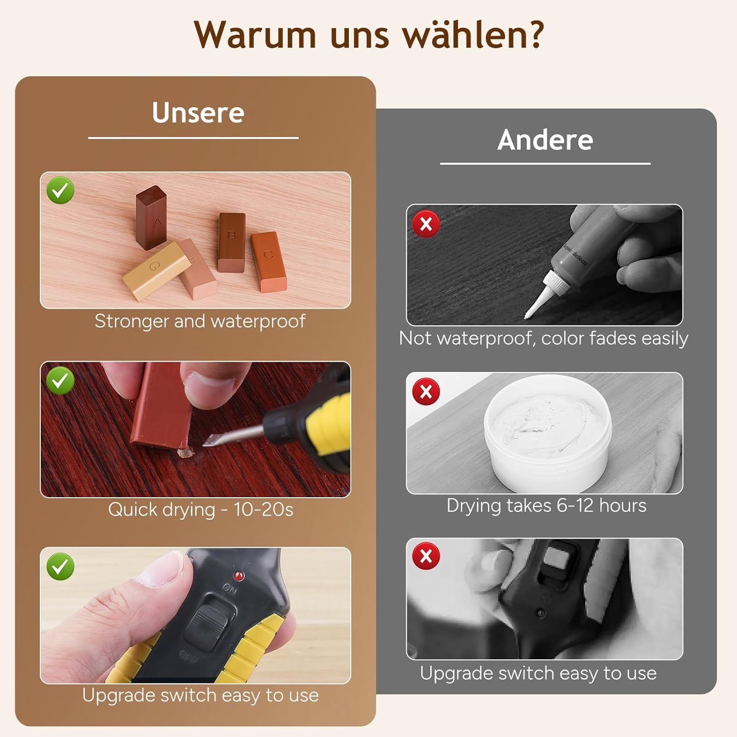 Juego de reparación de laminados – Juego de reparación de parquet con cera dura de 11 colores, solución fácil para reparar arañazos, agujeros, desgaste en madera, vinilo para suelos de madera y