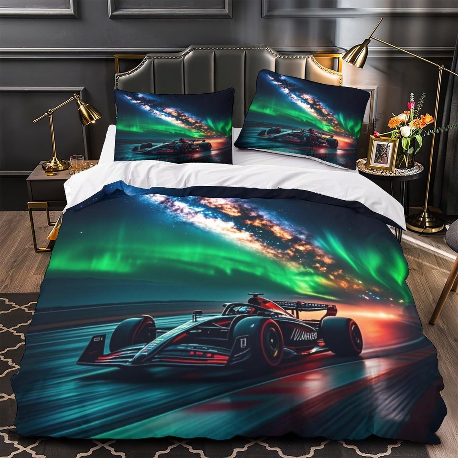 3U6C4M9K Washable Formulaa Racing Duvet Cover Set Double（200x200cm）, Racing Car Quilt Cover Set with Pillowcases, Soft Microfiber Bedding Set
