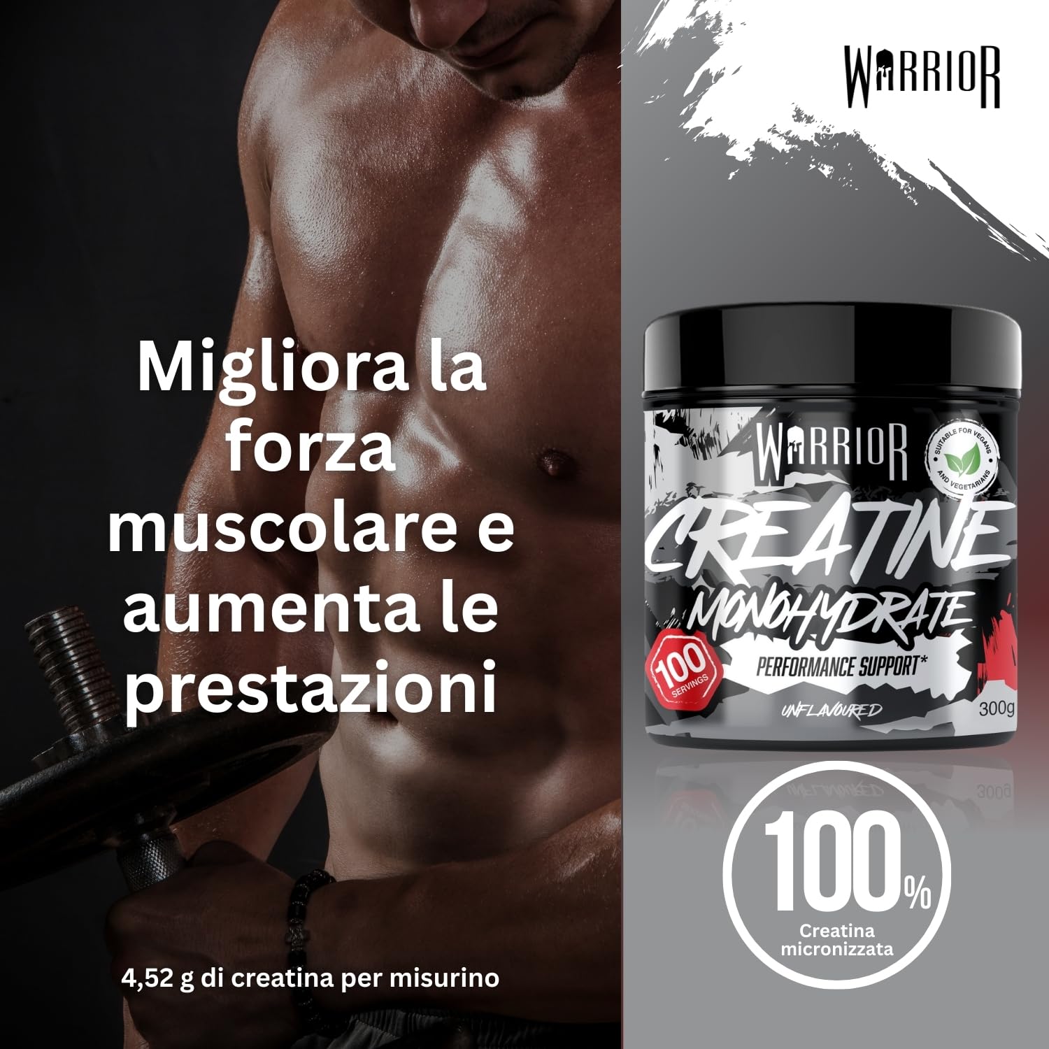 Warrior Creatina Monoidrata in Polvere 300 g (100 Porzioni) – Creatina Pura Creapure, Creatina Monoidrata Micronizzata per Massa Muscolare e Forza, Creatine Monohydrate Vegan – Senza Aroma (Neutro)