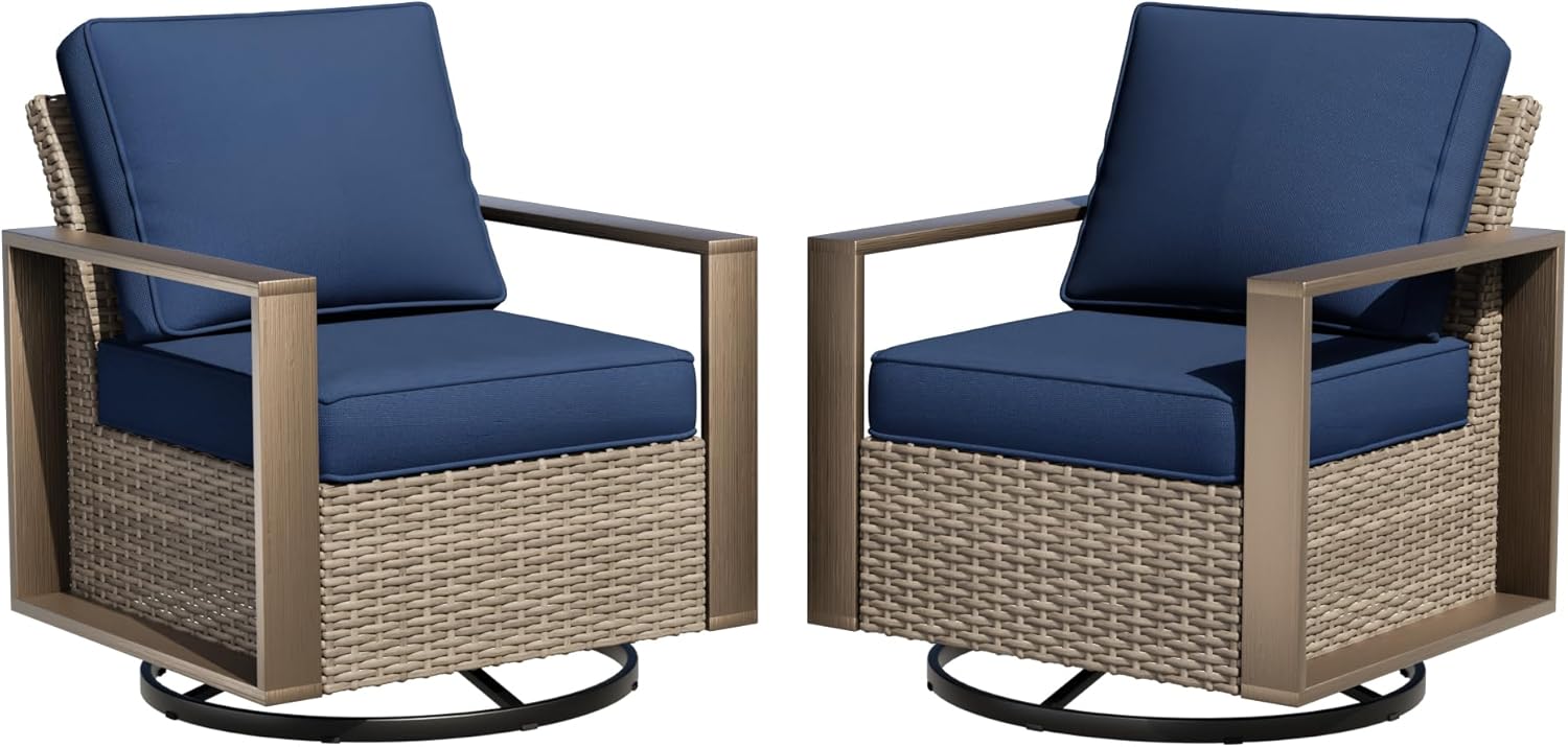 Outdoor Swivel Patio Metal Chairs Set of 2 - Porch Furniture 2 Pieces 360 Degree Glider Rockers Rattan Chairs with Washable Cushion & Metal Steel Rectangular Framed Armrest, Dark Blue