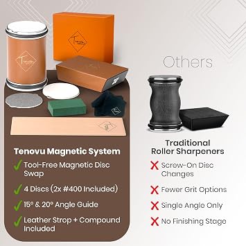 Rolling Knife Sharpener Kit with 4 Total Magnetic Snap-On Discs | 15 & 20 angle guide, 2x #400, 1x #1000, 1x #3000 discs (2 discs pre-installed), strop, polishing compound, microfiber cloth