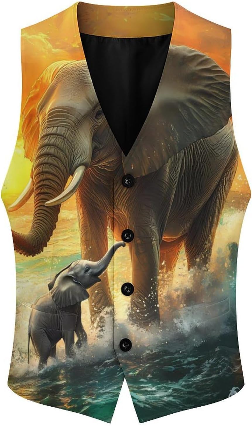 Colorful Seaside Elephants Mens Slim Fit Suit Vest Dress Waistcoat Casual Business Vest
