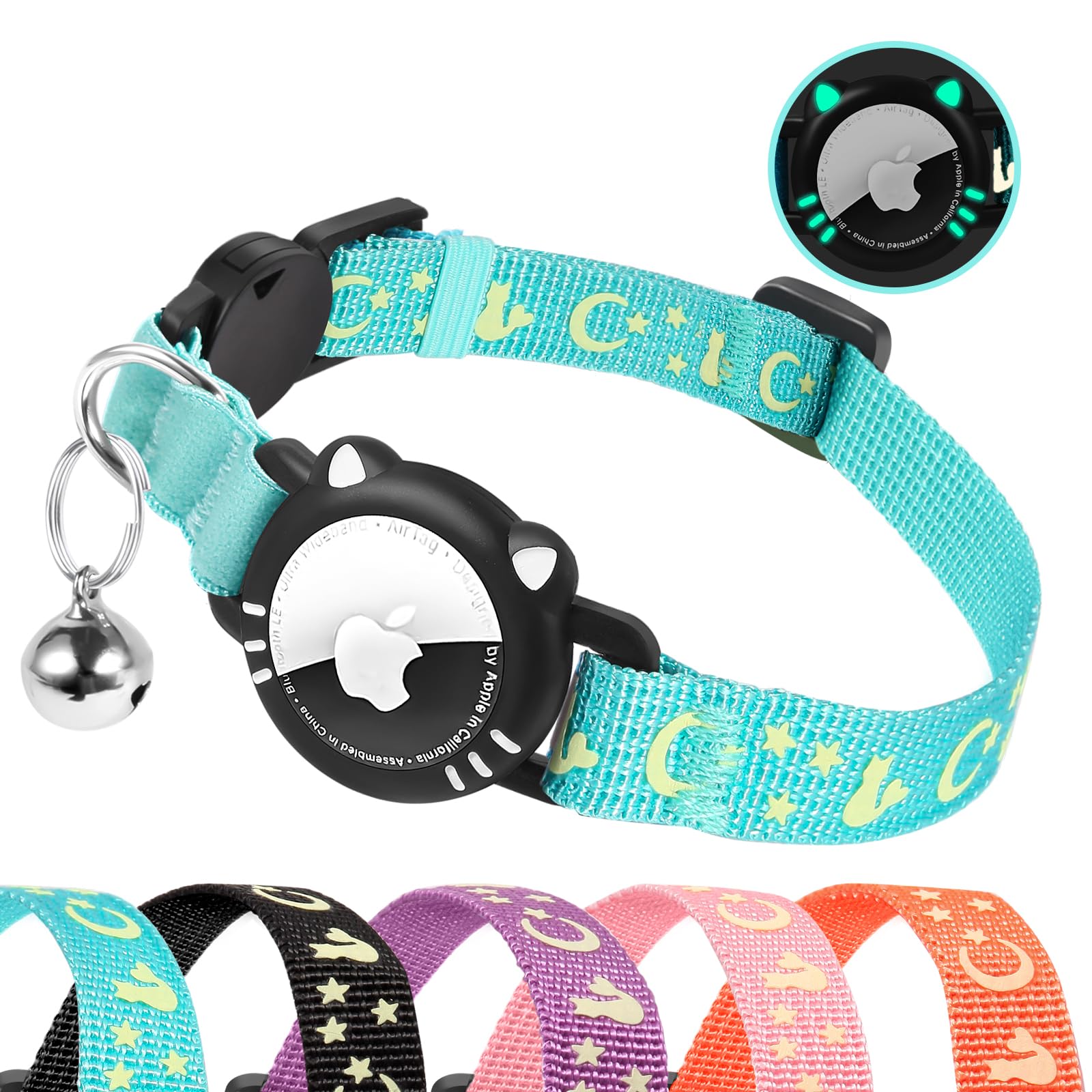AgoumLux Cat Collar with Airtag Holder, Reflective Cats Collar Breakaway with Bell, Pet Tracker Compatible with Apple Air Tag for Kittens and Puppies,