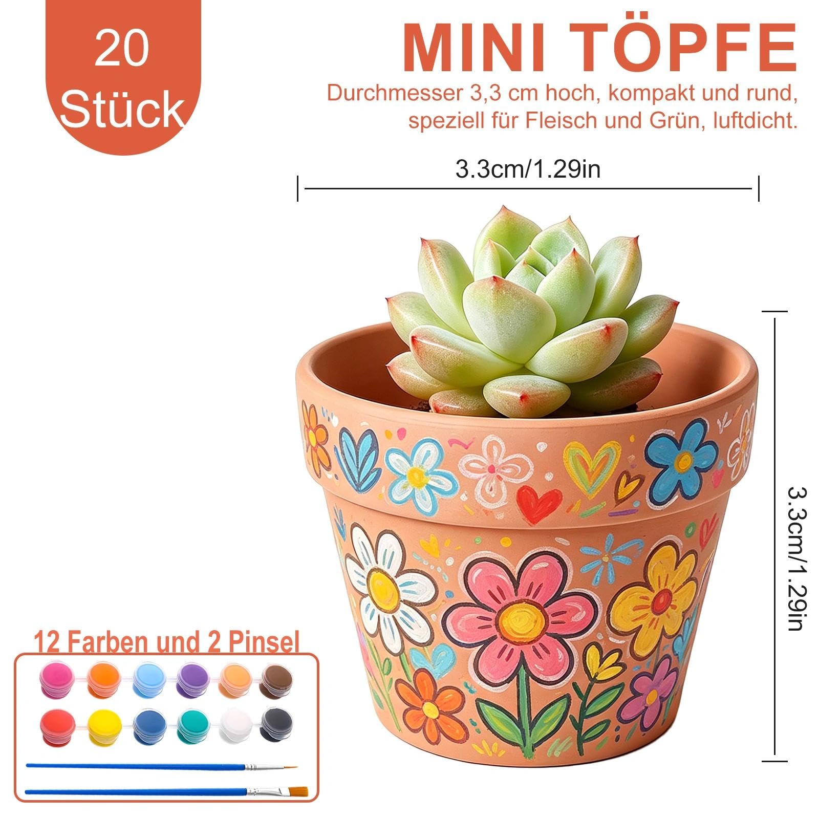 20 mini vasi da fiori, 3,3 x 3,3 cm, in terracotta, con foro di scarico, da dipingere, fai da te, piccoli vasi in argilla per piante grasse, cactus