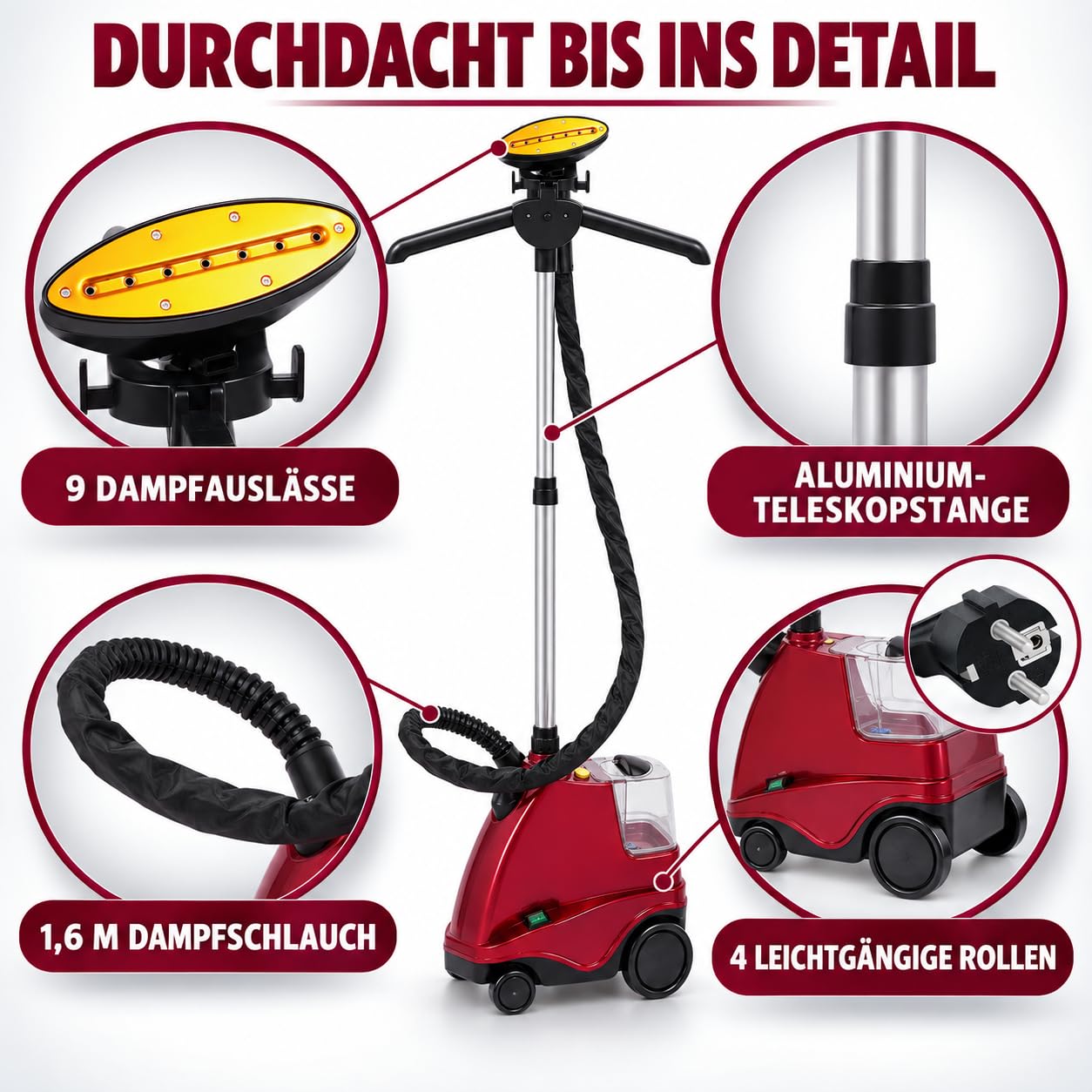Vertikaler Dampfglätter 2500W Höhenverstellbar Steamer Dampfbügeleisen 70ml/min Kleiderdampfer 3 Dampfstufen Dampfgarer für Kleidung aus Seide, Faser, Nylon, Polyester, Wolle