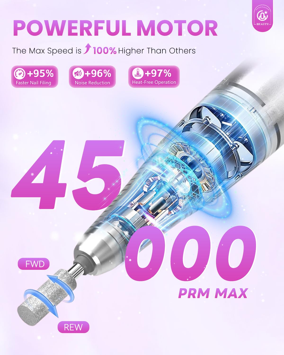 CozyZen Cordless Nail Drill Professional: 45000 RPM Rechargeable Electric Nail File Kit, Portable & Low Noise for Acrylic, Gel Nails, Manicure & Pedicure - Salon & Home Use