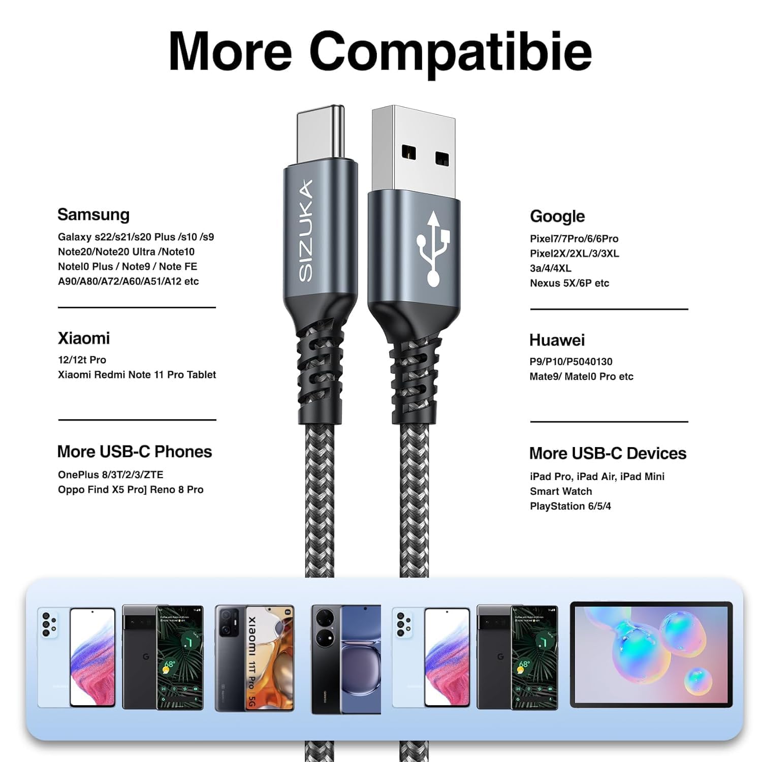 Cable USB C [3Pack 2M] Carga Rapida 3.1A Cargador Tipo C Nylon Carga Rápida y Sincronización Cable USB C para Samsung Galaxy S22 S21 S20 S10 S9 S8 A71 A51 Note 20 10, Xiaomi Google