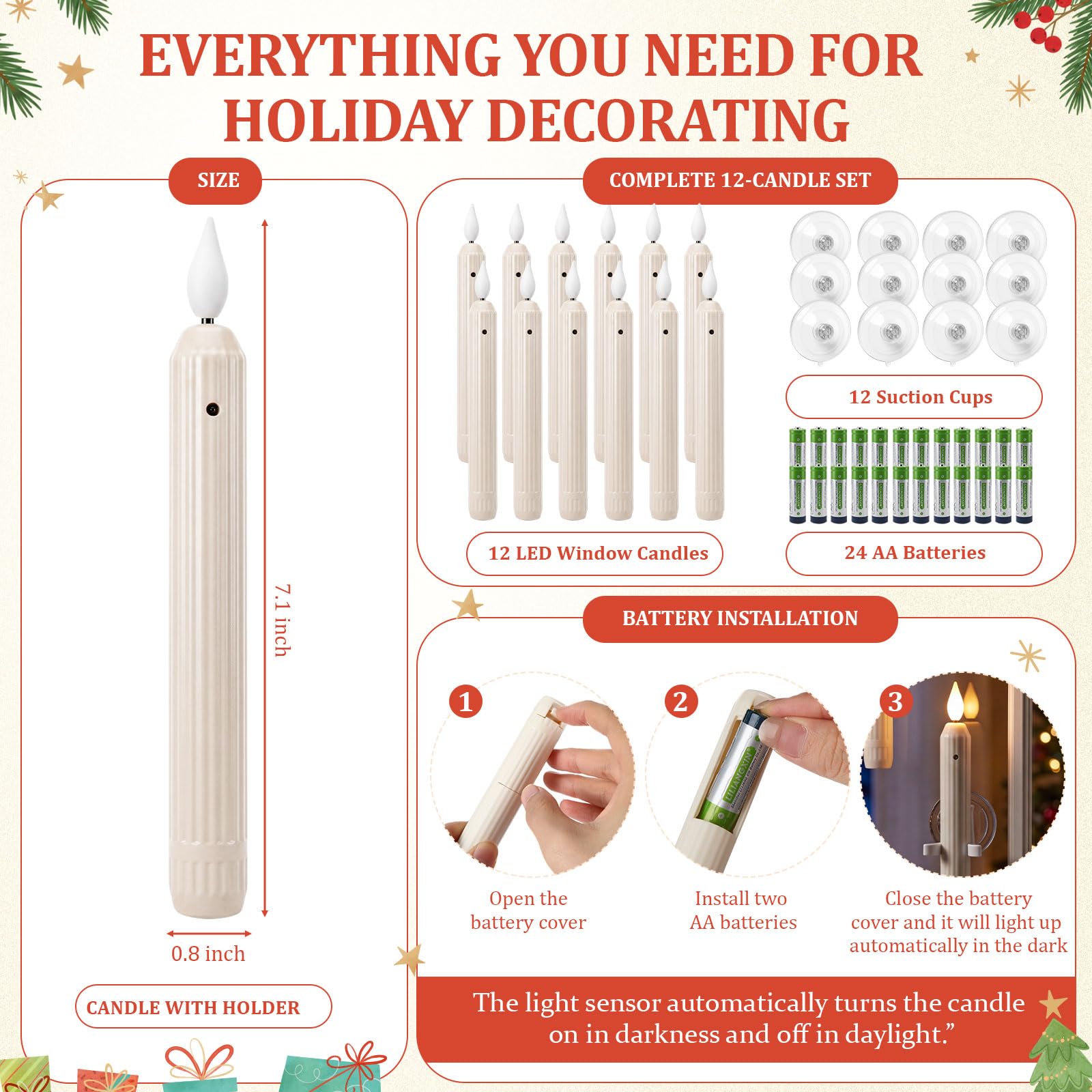 Yungyan Set di 12 candele natalizie per finestre con sensore dal tramonto all'alba, luci per finestre a batteria con 12 ventose e 24 batterie AA, candele a LED senza fiamma per decorazione domestica