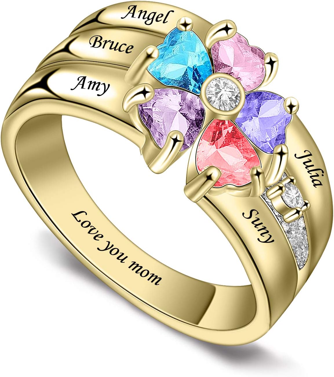BAUMA AUTO Personalized Sterling Silver Mothers Rings with 5 Simulated Birthstones Rings for Mom Mothers Days Rings Family Name Rings for 5 Mother's Christmas Rings for Mom Friendship rings