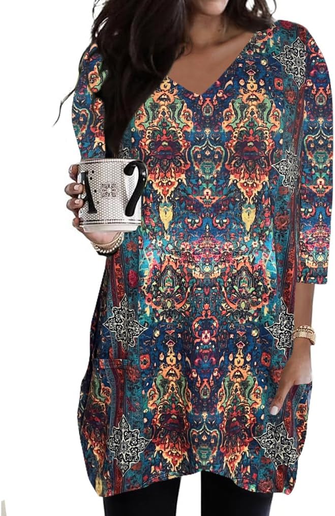 Poetsky Womens Tunic Tops for Leggings with Pockets Vneck 3/4 Length Sleeve Shirt Casual Long T-Shirts S-3XL
