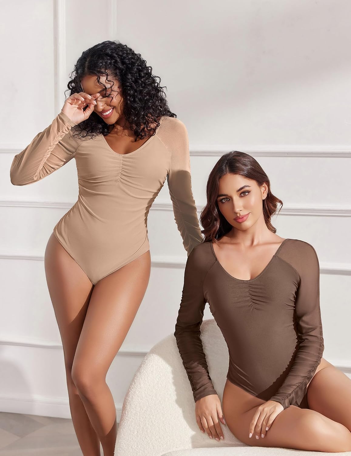 Avidlove Long Sleeve Bodysuit for Women Sexy V Neck Mesh Ruched Shapewear Body Suits Going Out Leotard Tops - Image 4