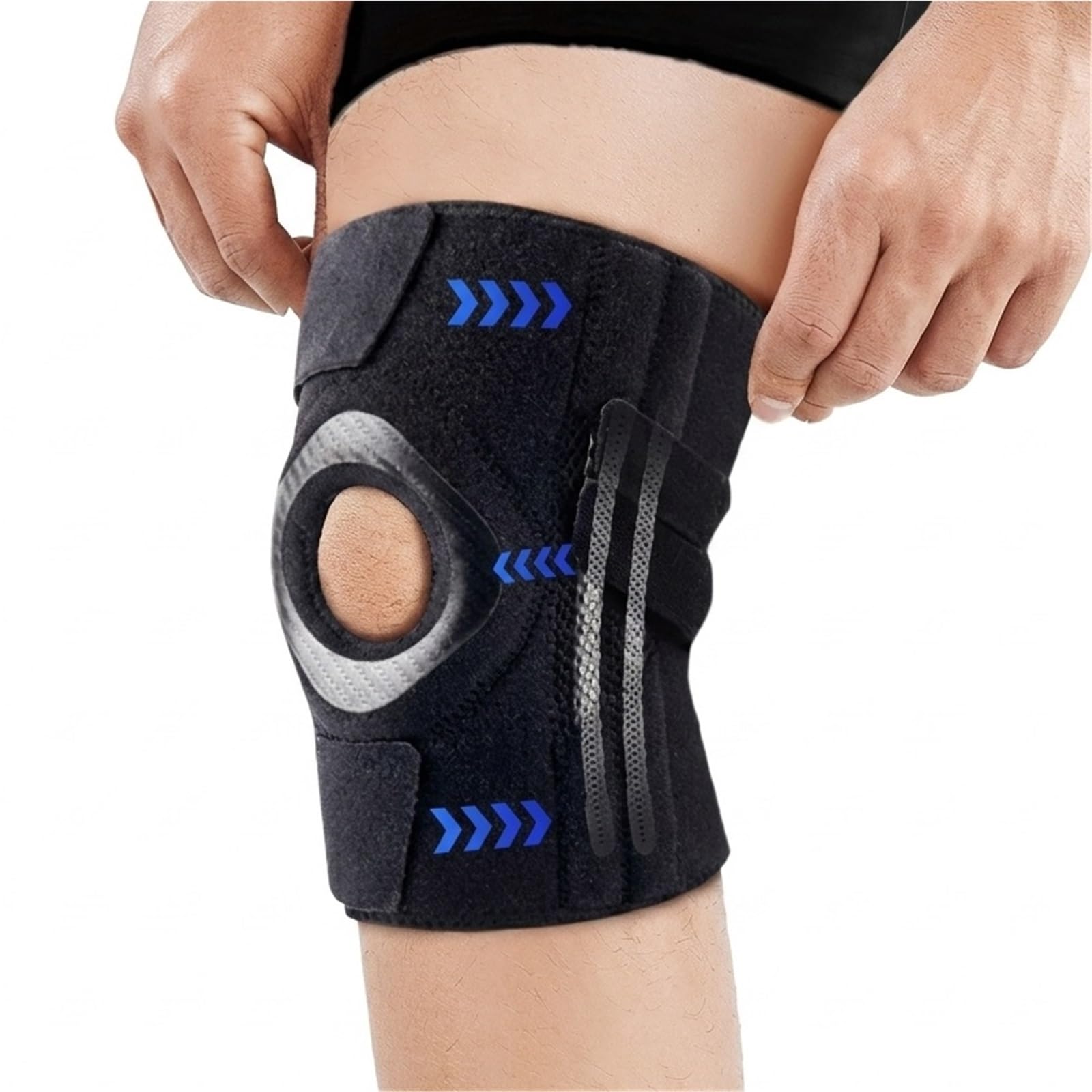 Kniebandage mit Seitenstabilisatoren und Gelpolstern für die Kniescheibe bei Meniskusriss, Knieunterstützung zur Linderung von Gelenkschmerzen, Unterstützung der Regeneration nach Kreuzbandriss,