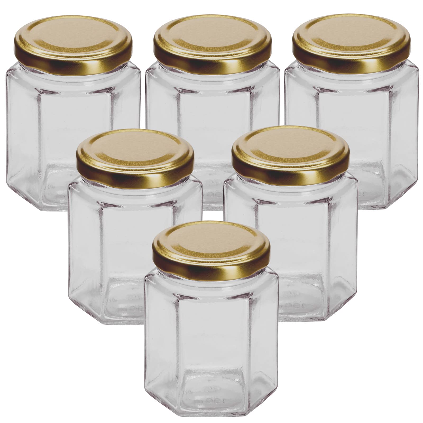 Balliihoo Homebrew Pack Of 6 x 12oz / 250ml Hexagonal Glass Food Jar With Gold Twist Off Lids