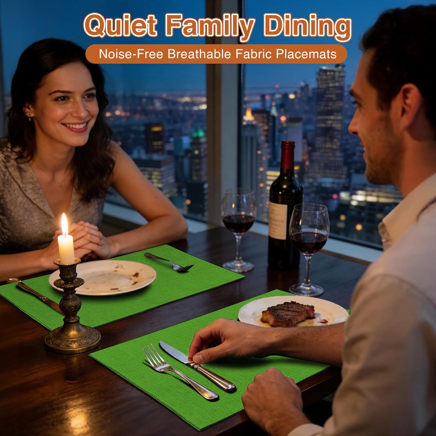 Linen Fabric Placemats Set of 6, Machine Washable, Heat Resistant, Wrinkle Free, Thick Polyester Kitchen Place Mats for Dining Table (Green)