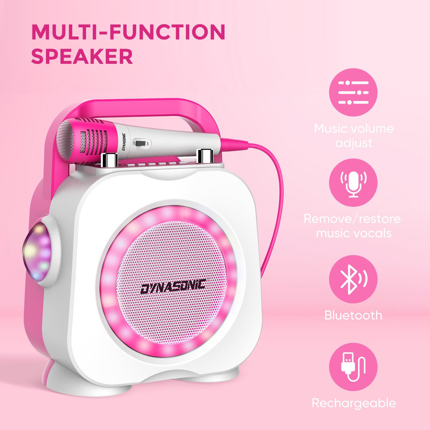 DYNASONIC Karaoke z mikrofonem, oryginalne prezenty dla dzieci dziewczynek, głośnik, zabawki dziewczyna 4-13 lat (niebieski) (Pink)