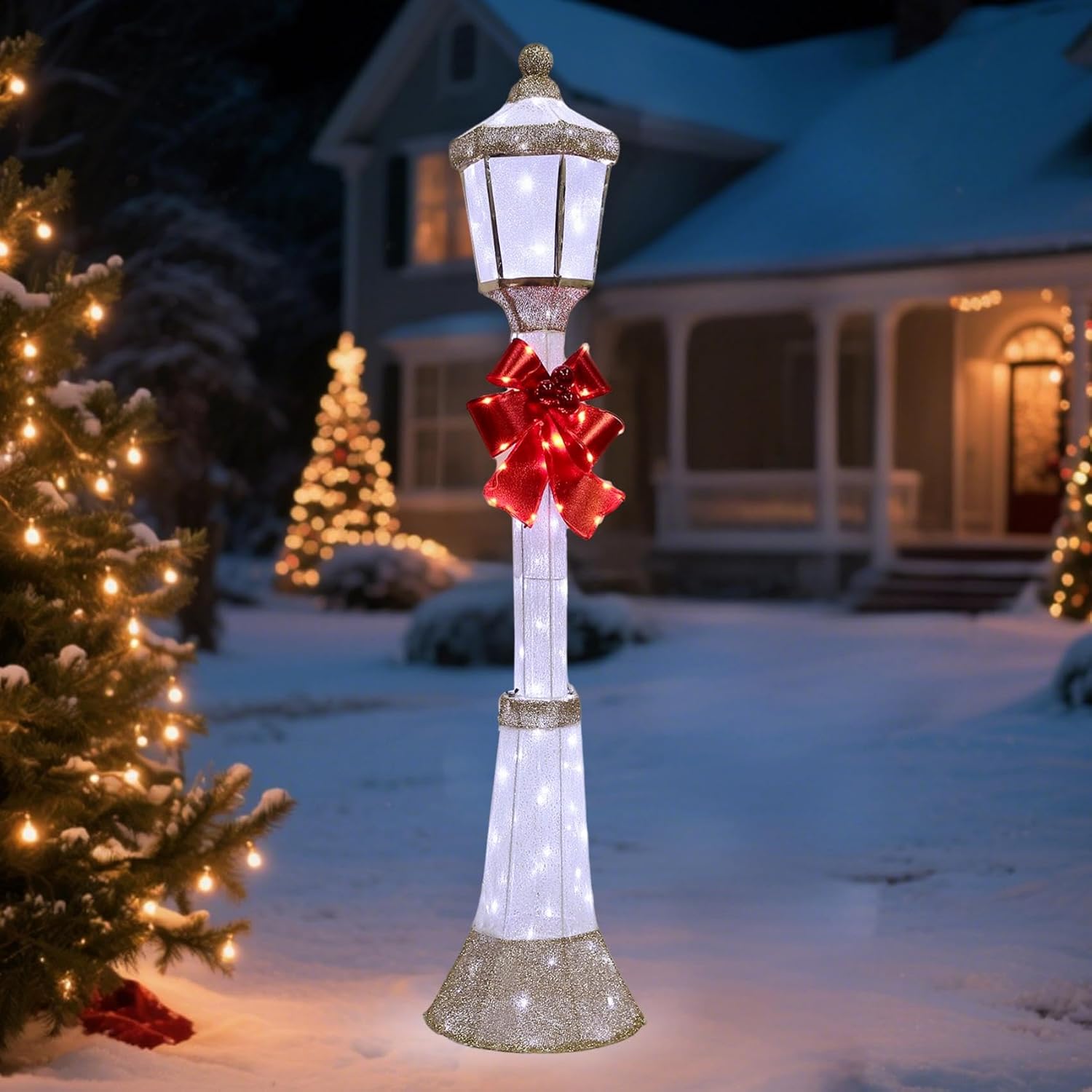 60-Inch Outdoor Christmas Decorations Outdoor Lighted Lamp Post 3D Lamppost LED Lighted Post Christmas Decoration with 128 LED Lights & Bow Holiday Decorations for Yard, Porch, Patio