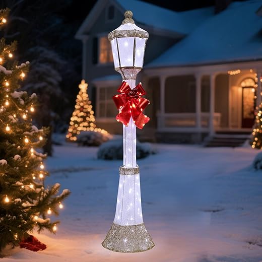 60-Inch Outdoor Christmas Decorations Outdoor Lighted Lamp Post 3D Lamppost LED Lighted Post Christmas Decoration with 128 LED Lights & Bow Holiday Decorations for Yard, Porch, Patio