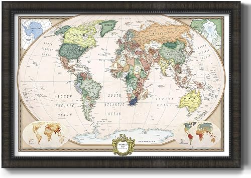 Renditions Gallery Colorful World Map Canvas Wall Art with Charcoal Black Frame Wall Hanging Travel Map with Push Pins for Home, Office, Classroom