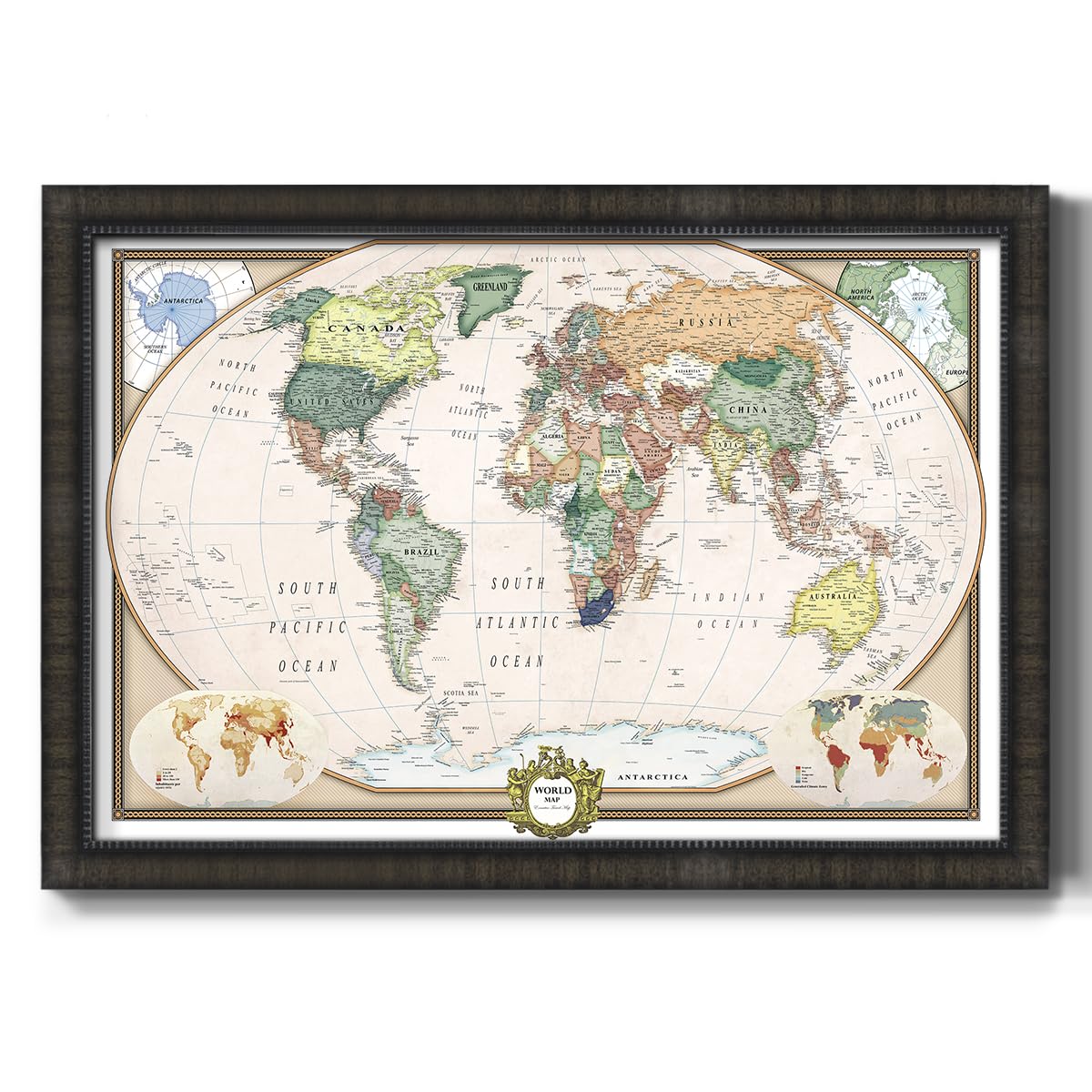 Renditions Gallery Colorful World Map Canvas Wall Art with Charcoal Black Frame Wall Hanging Travel Map with Push Pins for Home, Office, Classroom