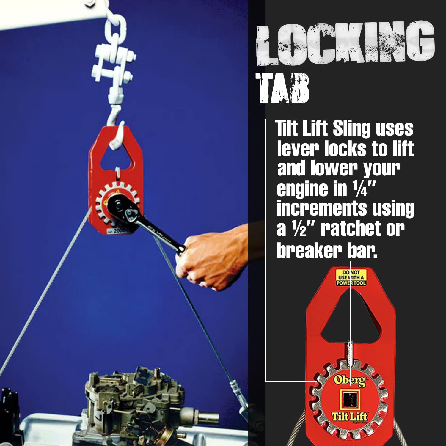 Oberg Tilt Lift - Engine Hoist Sling | No Chain Hoist Hassle | 1 Ton Capacity | 45 Degree Tilt | Single Hand Operation | Easy Engine Swap | Mounting Cleats Fasten to Any Engine | 3 to 1 Safety Factor : Automotive