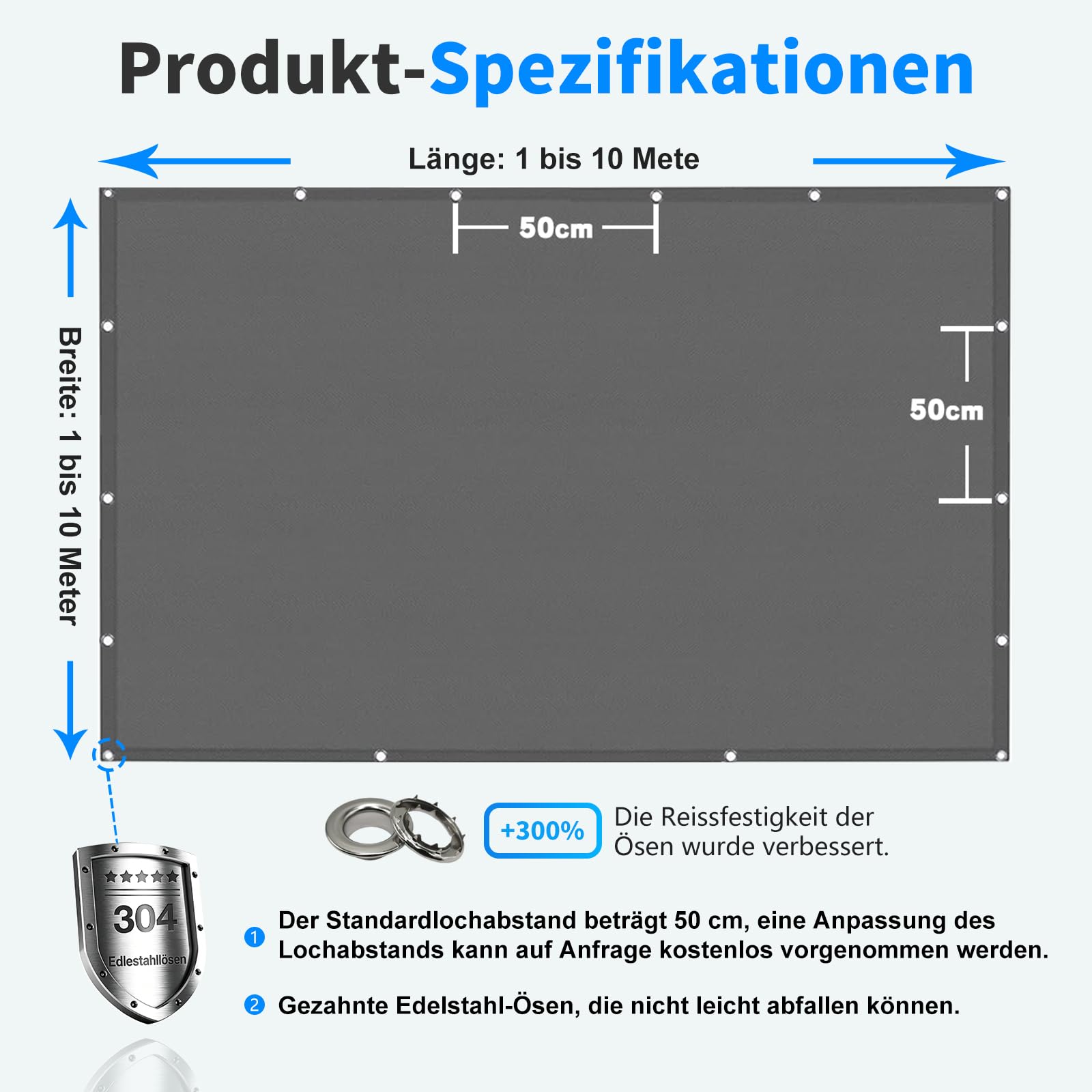 Sonnensegel Wasserdicht Rechteckig mit Ösen 3x4M, (Nach Mass) Markisenstoff UV Schutz 95%, Sonnenschutz Markise Reißfest Wetterfest mit Seil, für Balkon Terrasse Garten, Dunkelgrau - 5