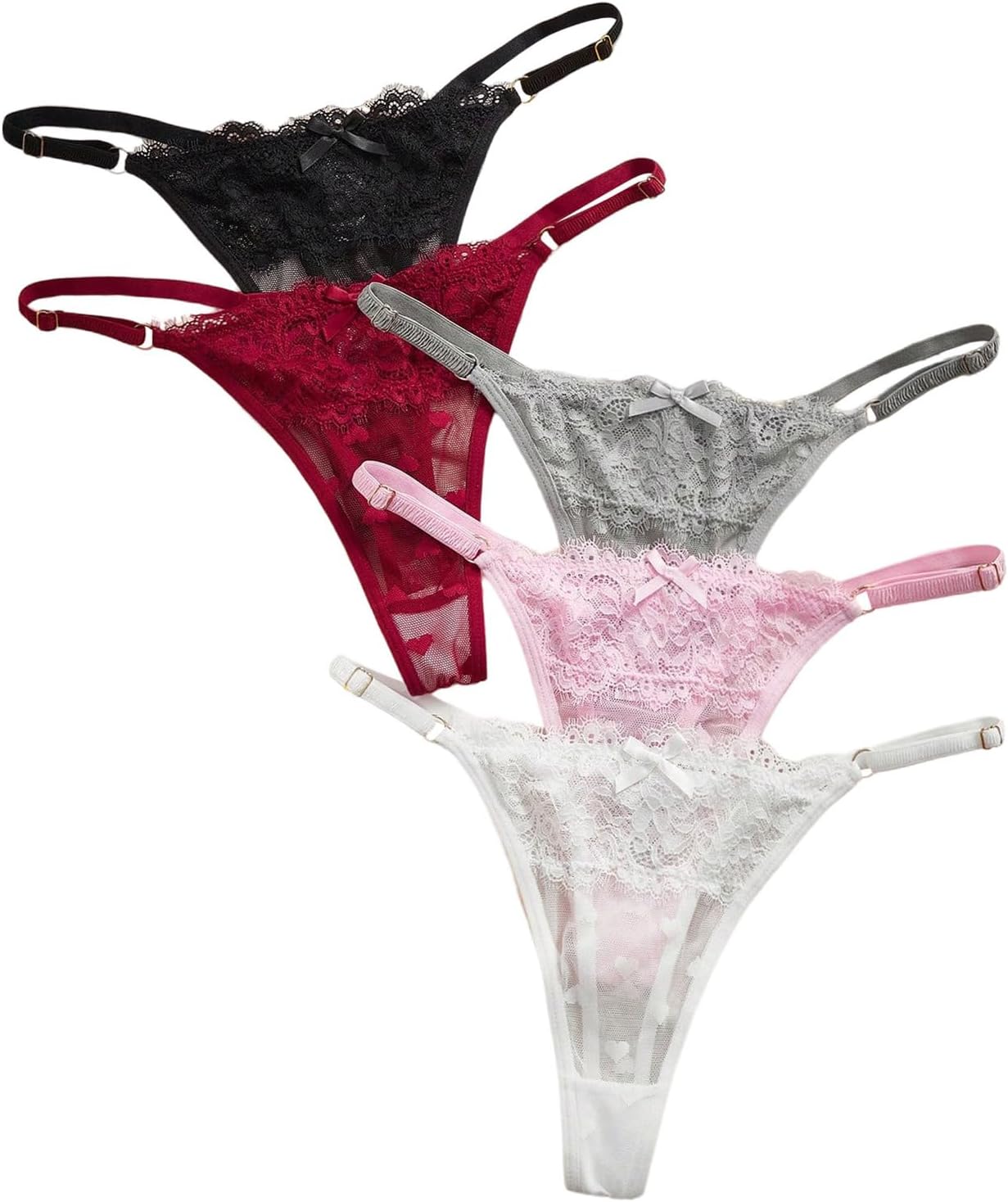 GORGLITTER Women's 5Pack Lace Underwear Eyelash Floral Heart G-String Thongs Sexy Lingerie Low Rise Cheeky Panties