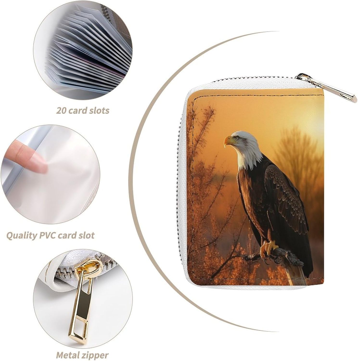 Leather Card Organizer Case Card Wallet Credit Card Holder Golden Sunset Bald Eagle Printed Zipper Card Cases Holder for Women Men