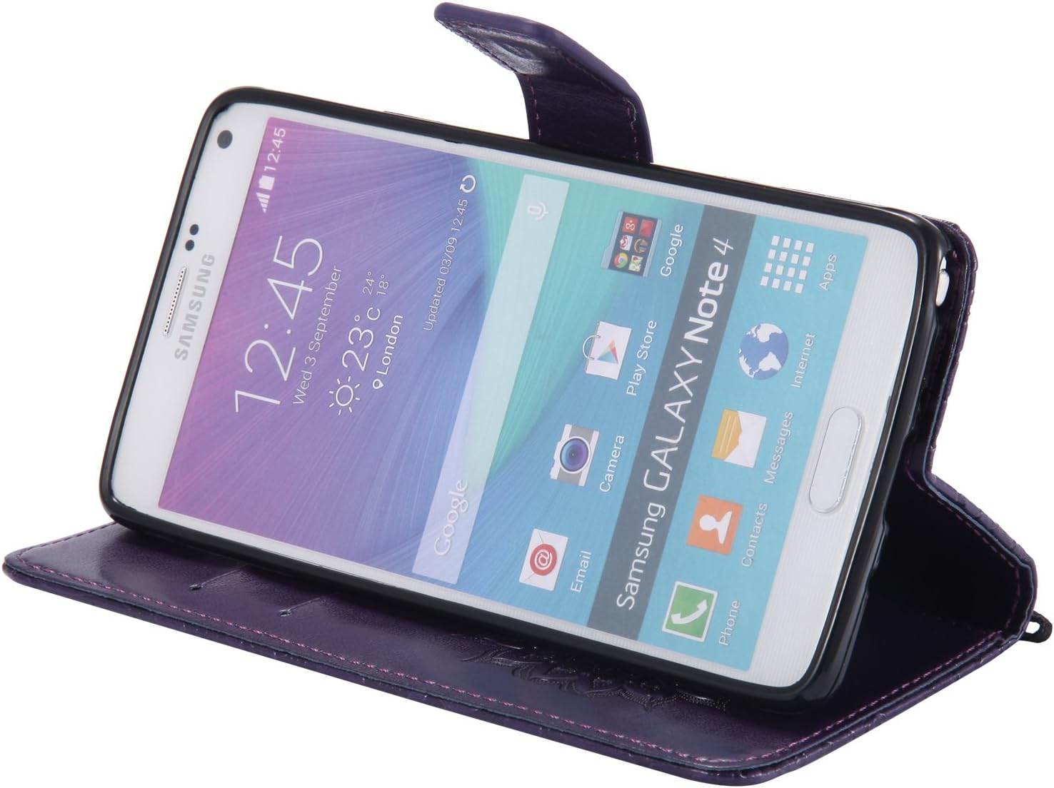 A-slim Galaxy Note 4 Wallet Case, (TM) Sun Pattern Embossed PU Leather Magnetic Flip Cover Card Holders & Hand Strap Wallet Purse Case for Samsung Galaxy Note 4 - Purple