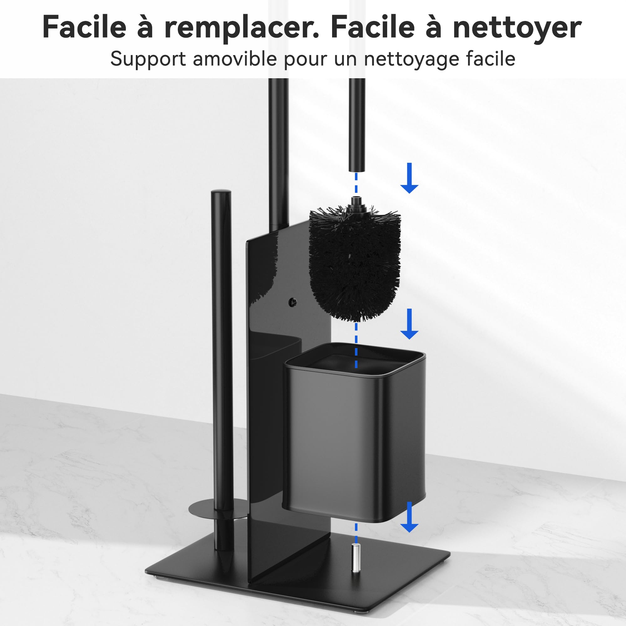 Porte Papier Toilette avec Brosse WC - Porte Rouleau Debout en Acier Inoxydable, Dérouleur Papier Aucun Perçage Requis avec Verre (Noir Mat)