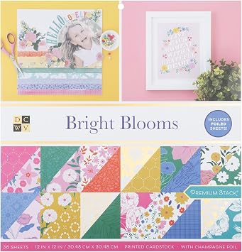 DCWV Printed Cardstock Paper 12x12, 36 Sheets of Scrapbook Paper for Crafts and Card Making, Double Sided Heavy Duty Cardstock with Foil Accents - Bright Blooms
