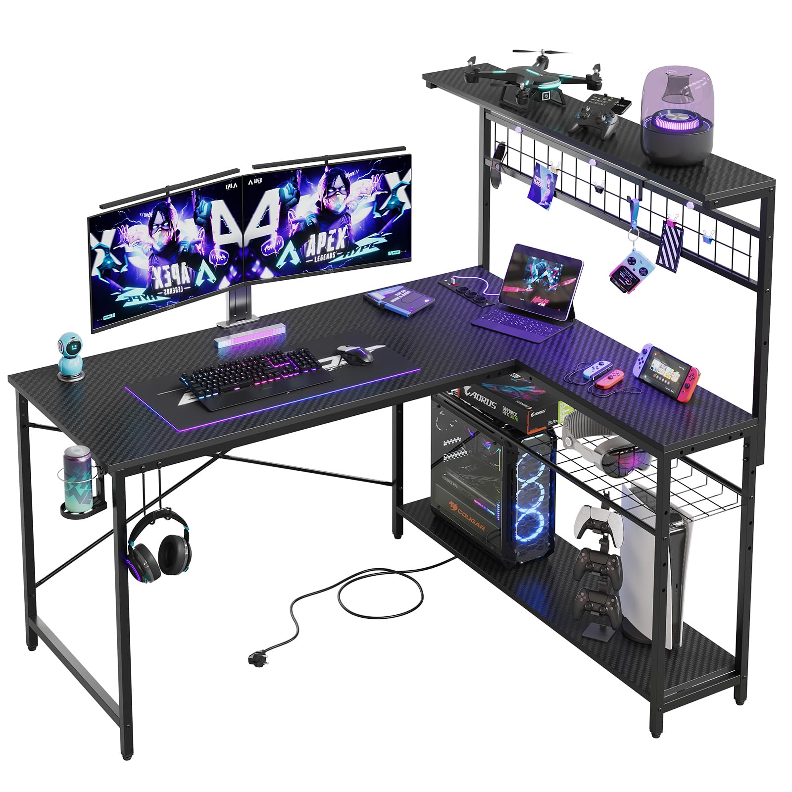 Bestier Gaming Desk 130 cm L förmig Reversibler Eckschreibtisch mit Steckdosen LED-Lichtern 4 Regalböden Haken & Becherhalter Ideal für Home Office und Gaming