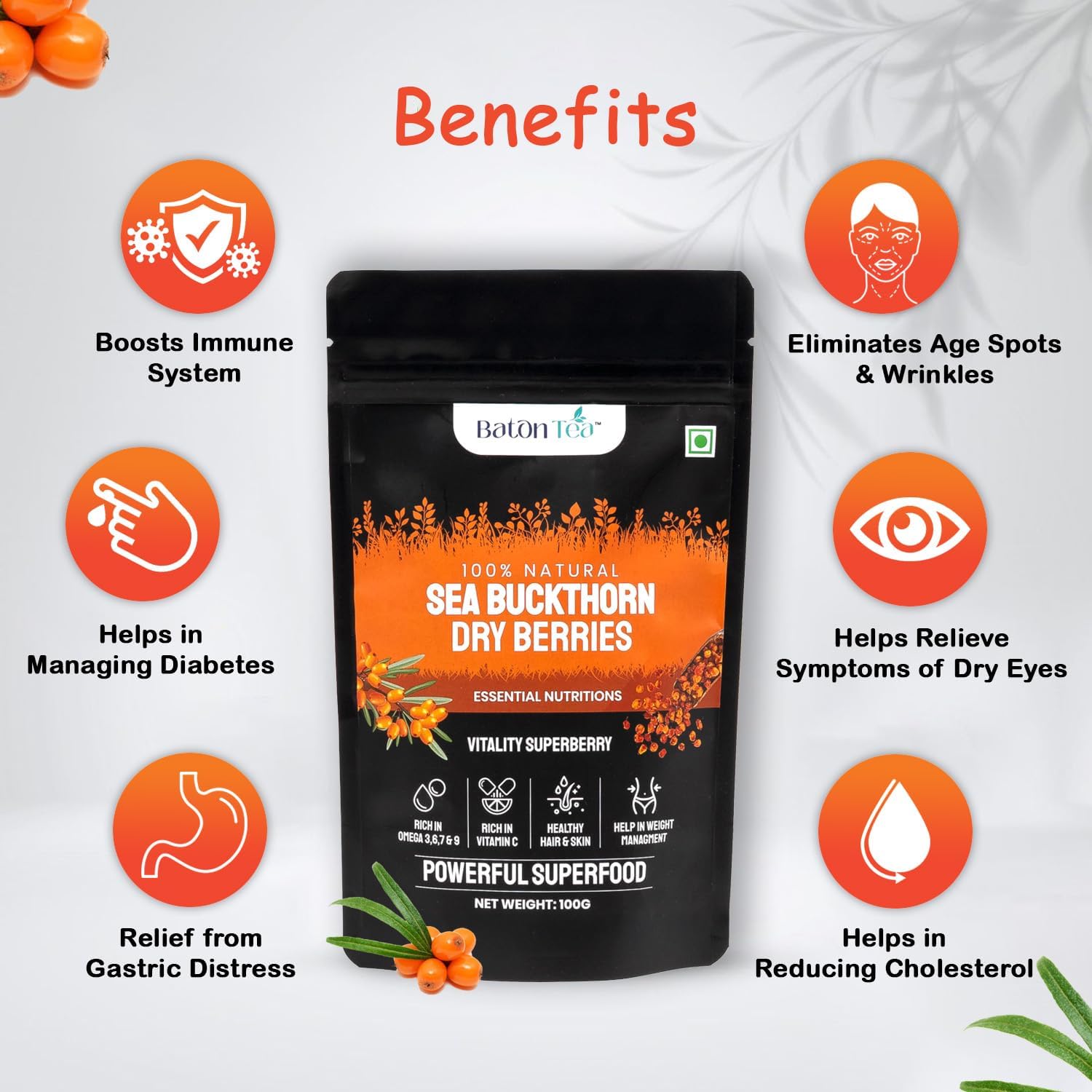 Baton Tea Seabuckthorn Dry Berry 100gm — Amazon image 3