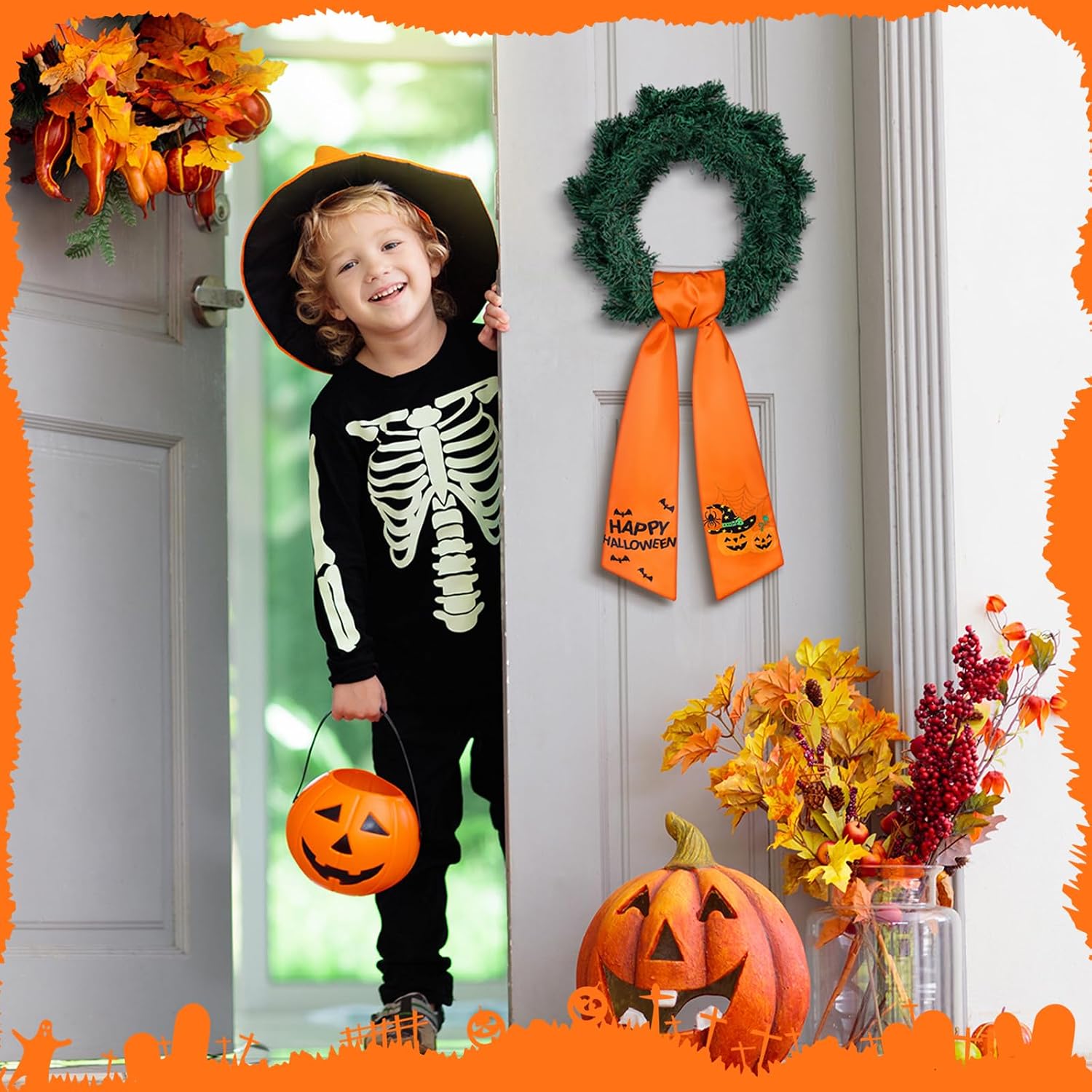 Halloween Wreath Sash Front Door Orange Sashes Embroidery