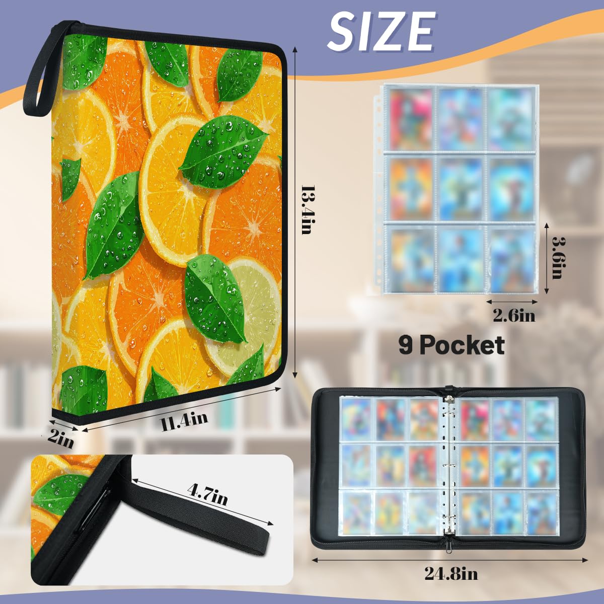 Mexpekil Raccoglitore di carte verde limone con 9 tasche con 50 pagine a caricamento laterale, cartellina per 900 carte con cerniera, impermeabile, porta carte