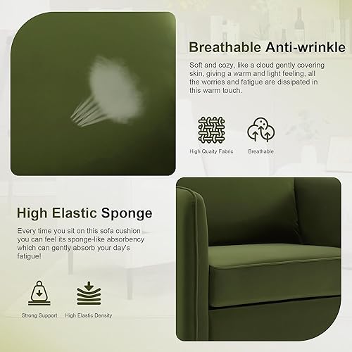 Miniatura 5 de Juego de 2 Sillas de Acento de Terciopelo Verde Oliva, Silla de Acento Tapizada Moderna Cómodo Sillón de Terciopelo con Cojín Grueso y Marco de