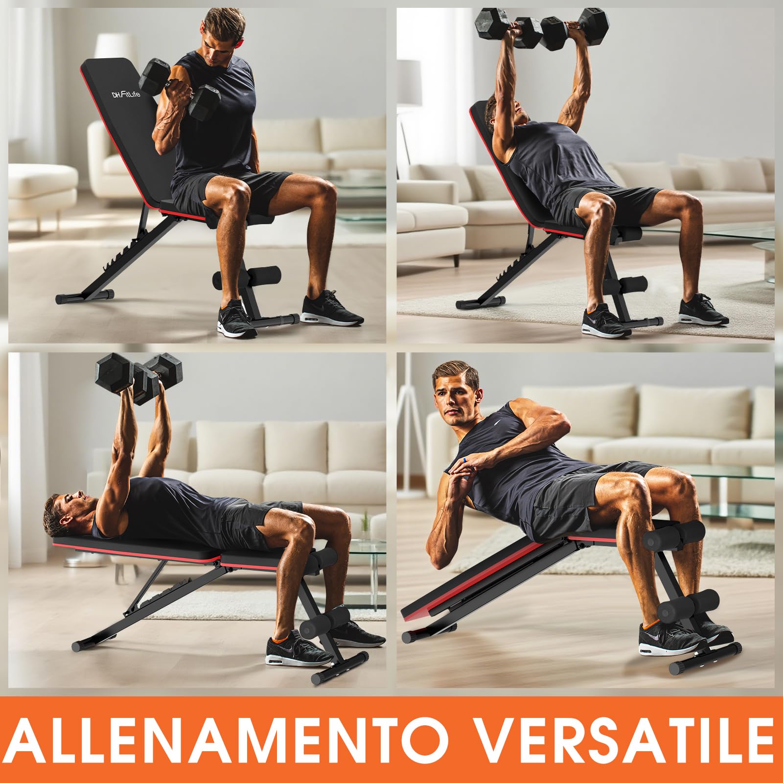 DH FitLife Panca per pesi 6 in 1 di alta qualità, regolabile con iperestensione per la schiena, 350 kg, panca da allenamento multifunzione per casa e palestra in casa, panca inclinata per panca press