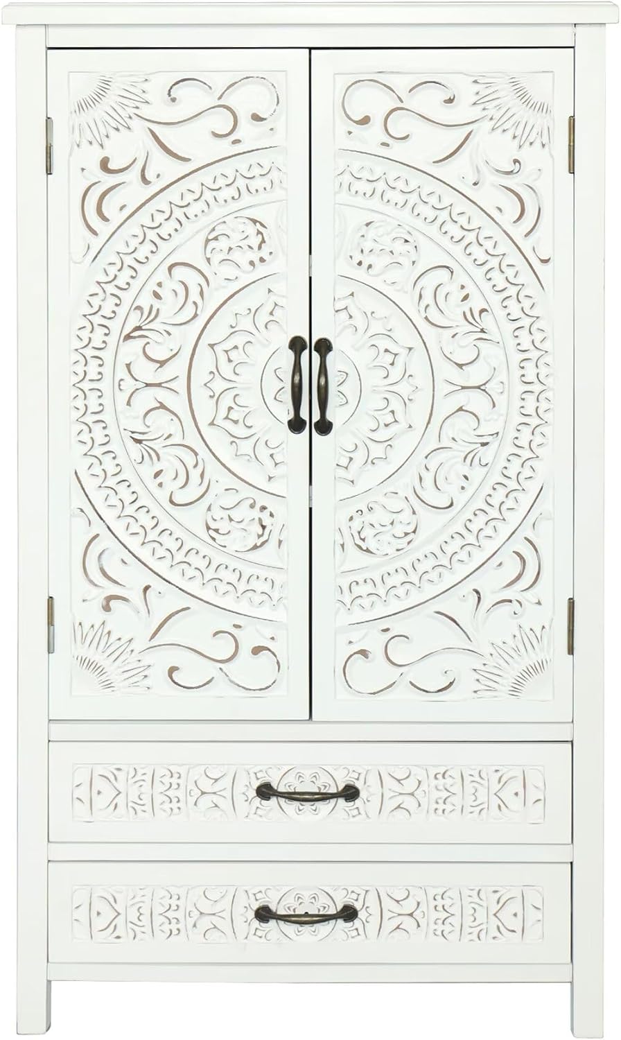 27'' Accent Tall Tower White Storage Cabinet - Rustic Wood Sideboard Pantry Cabinet with Storage for Home Decor and Organization Chic Cabinets with Two Doors and Two Drawers