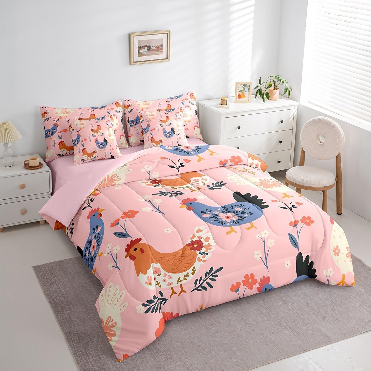 Erosebridal Girls Floral Hen Bedding Set Twin Size 7 Piece Bed in A Bag Chicken Comforter Set for Kids Teens Super Soft All Season for Bedroom,Hens Reversible Bed Sets