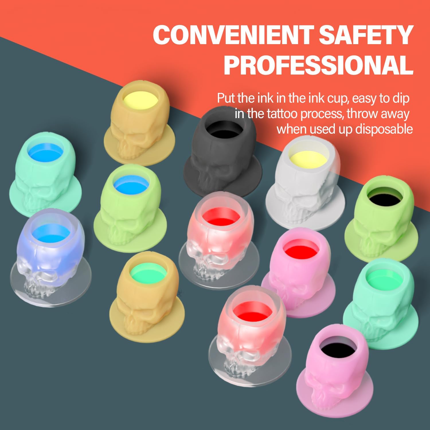 OZER Tattoo Ink Cups with Stable Base and 200pcs Tattoo Ink Cup Skull Disposable Silicone Tattoo Pigment Cup Black - Image 2