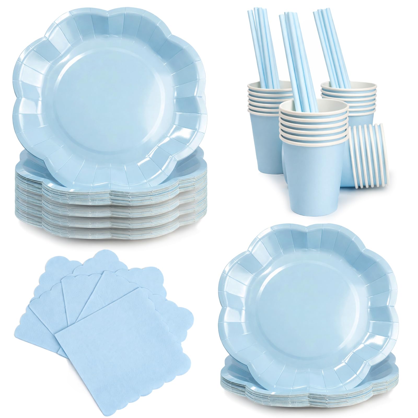 125 Pcs Light Blue Party Plates and Napkins Set, Scalloped Disposable Paper Plates Tableware for 25 Guests, Elegant Party Supplies for Baby Shower, Birthday, Wedding, Bridal Shower, Dinner Party
